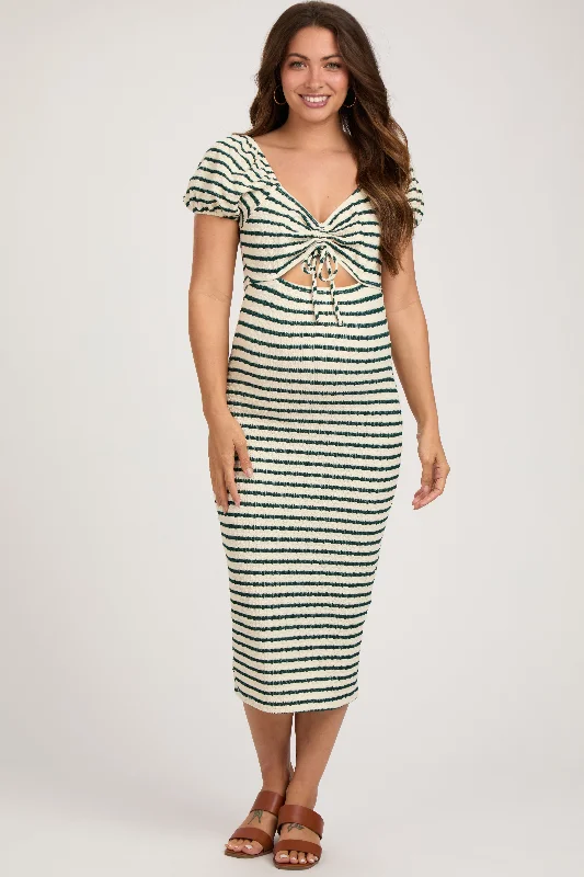 Forest Green Striped Drawstring Ruched Front Maternity Midi Dress